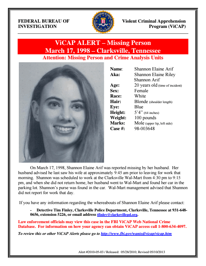 SHANNON ELAINE ARIF CLARKSVILLE, TENNESSEE — FBI