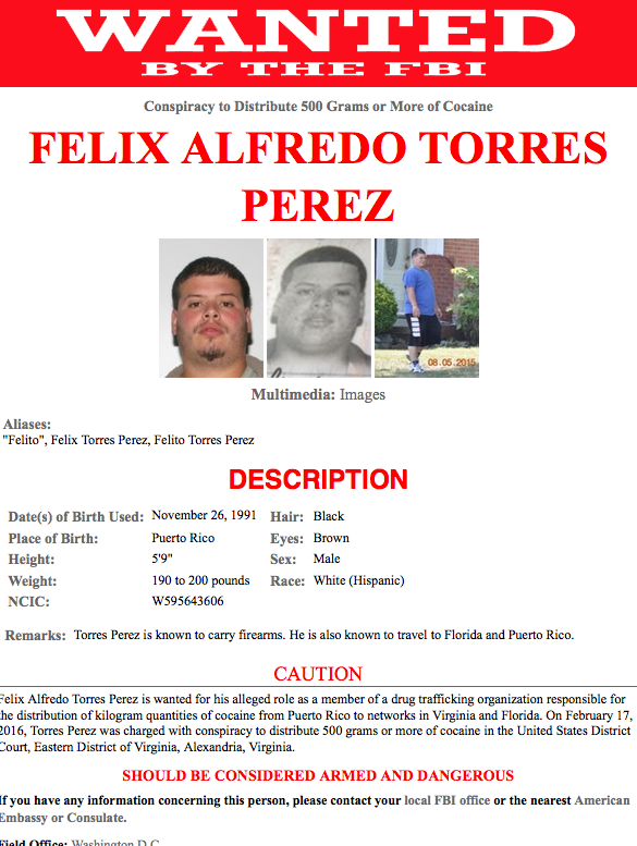 Felix Alfredo Torres Perez and Luis Gabriel Ramirez Rivera (pictured below) are wanted for their alleged role as members of a drug trafficking organization responsible for the distribution of kilogram quantities of cocaine from Puerto Rico to networks in Virginia and Florida.