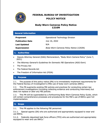 FBI Policy Notice: Body-Worn Cameras