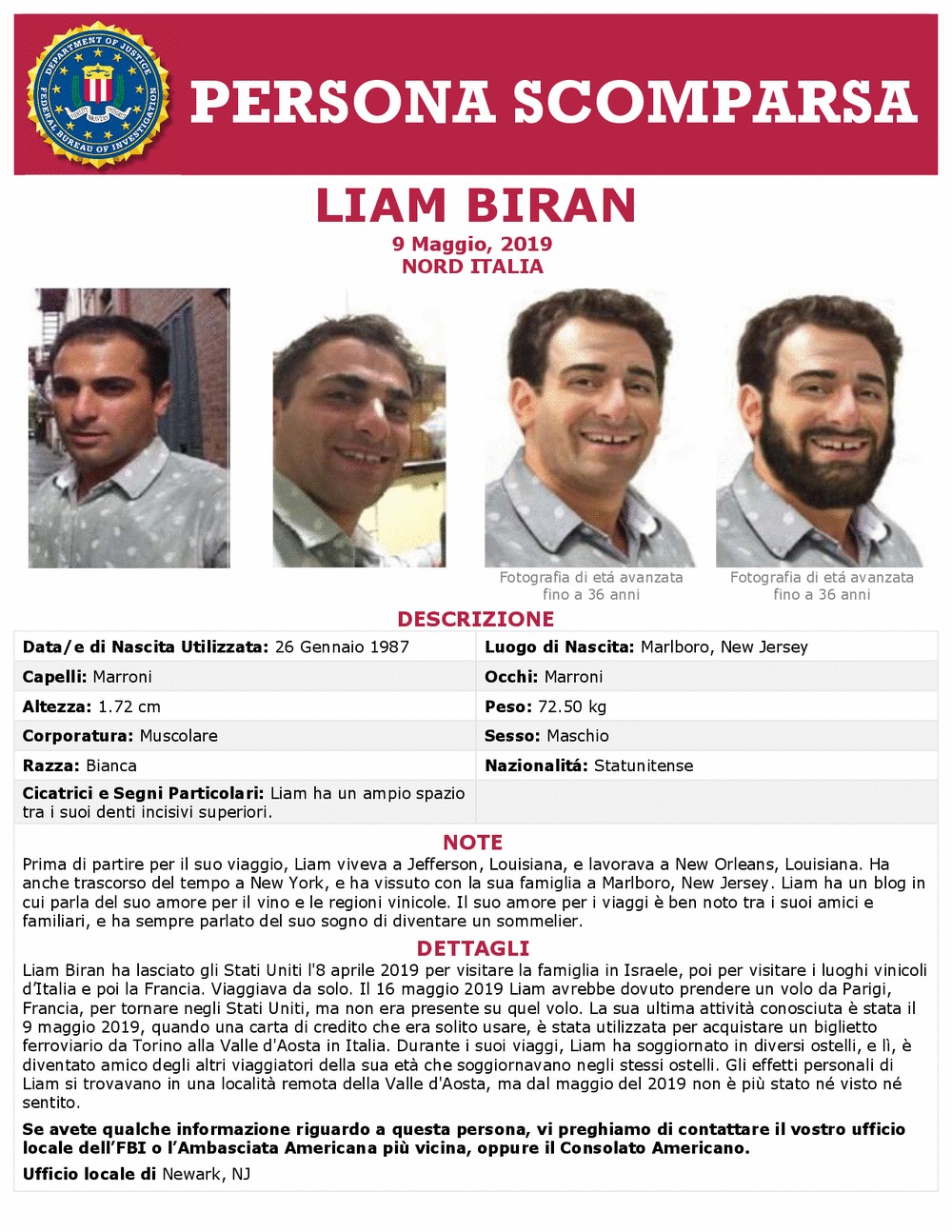 Liam Biran poster; missing person, Newark