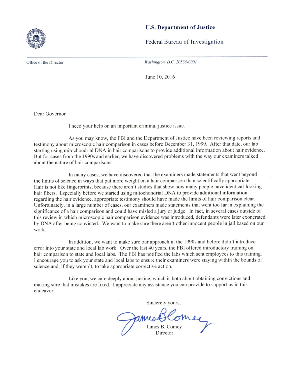 Director Comey Letter to Additional Governors on State Reviews — FBI