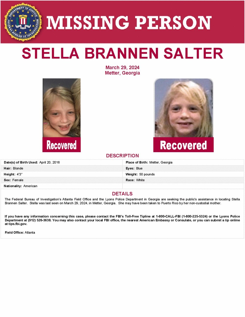 Stella Brannen Salter, missing child found, Atlanta