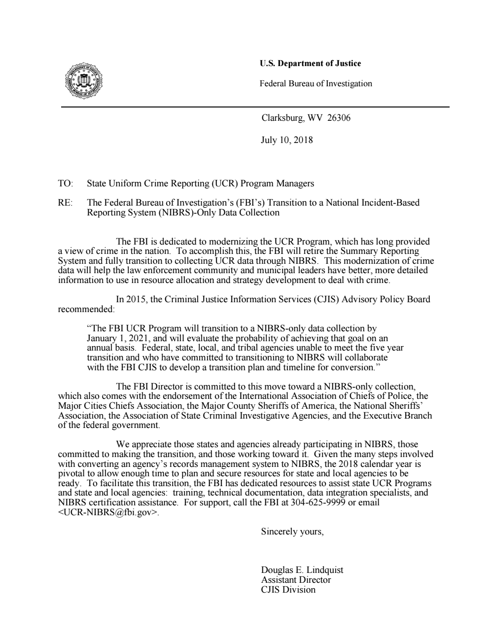 FBI Letter on NIBRS Transition — FBI