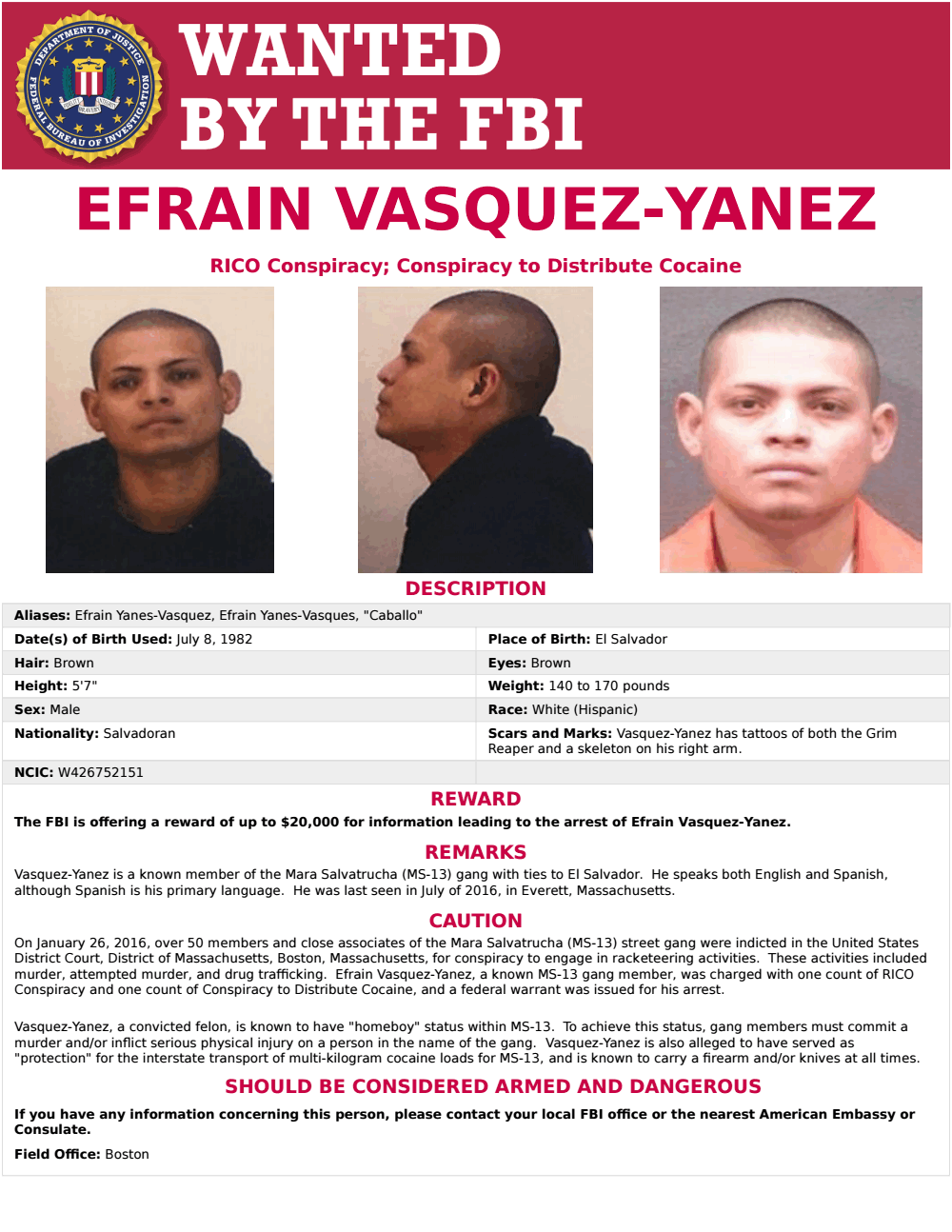 Efrain Vasquez-Yanez Wanted Poster image — FBI