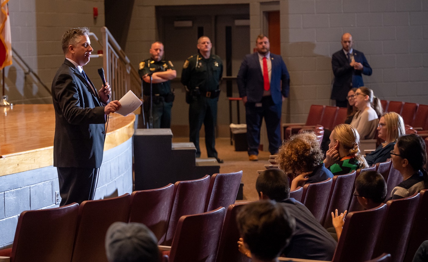 JK Acting SAC Mark Dargis addresses attendees at Be Smart With Your Kids' Smartphone event at Creekside High School in February, 2024.
