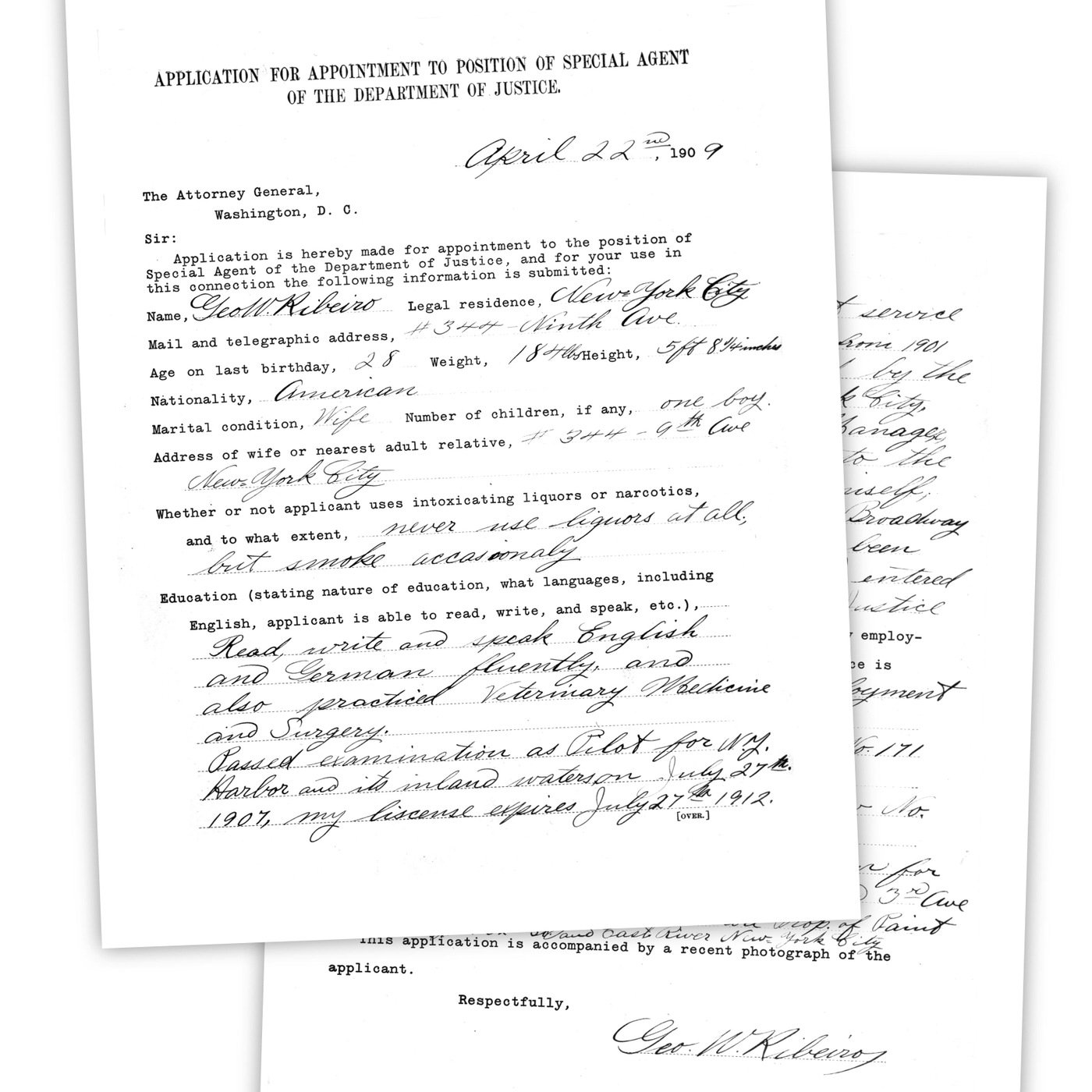 Earliest application for special agent position in the Department of Justice in 1909.