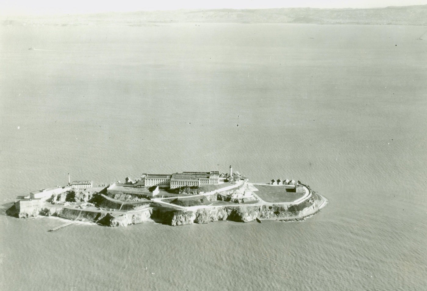 Aerial view of Alcatraz Island and its federal penitentiary in January 1932.