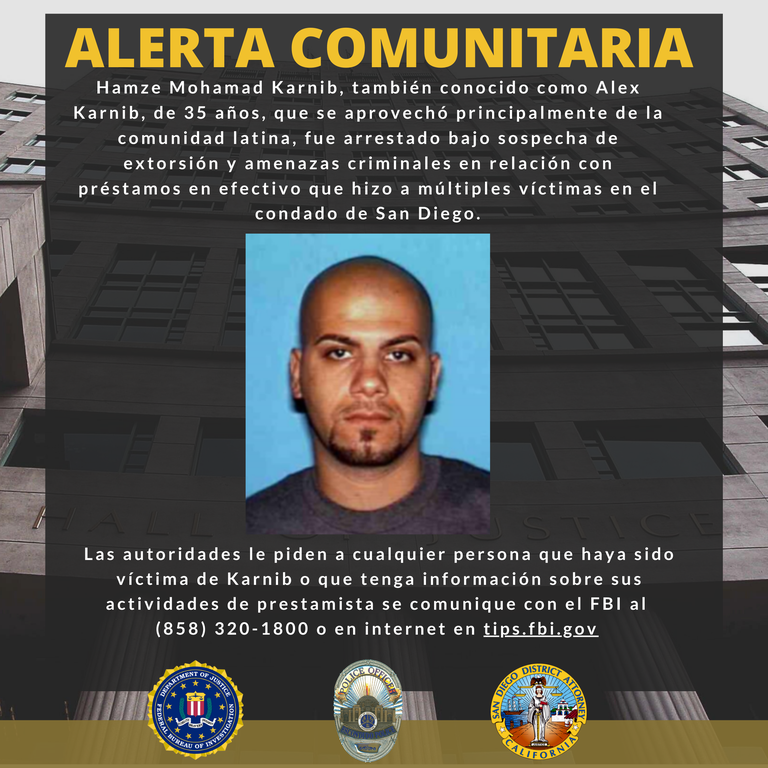 FBI San Diego Alerta Comunitaria para Alex Karnib