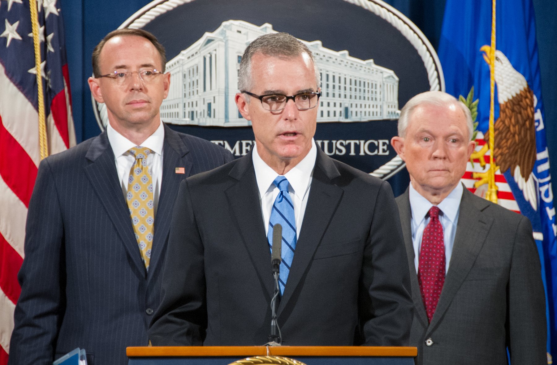 Law enforcement officials including FBI Acting Director Andrew McCabe, Attorney General Jeff Sessions, and Deputy Attorney General Rod Rosenstein announced the takedown of the online Darknet marketplace AlphaBay at a July 20, 2017 press conference at the Department of Justice in Washington, D.C.