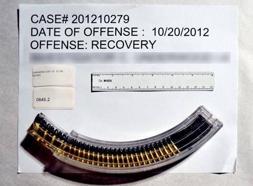 Shown is a clear ammunition magazine for one of the firearms seized from Birmingham armed robber Jamey Lee Matthews. The unique attributes of some of the weapons Matthews used during the 2012 robberies—like a clear magazine—helped eyewitnesses to better identify them.