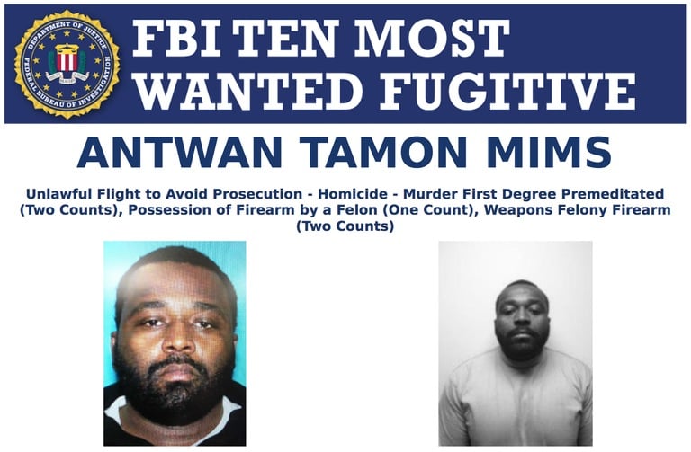 Screenshot of top portion of Antwan Tamon Mims’ Ten Most Wanted Fugitive poster