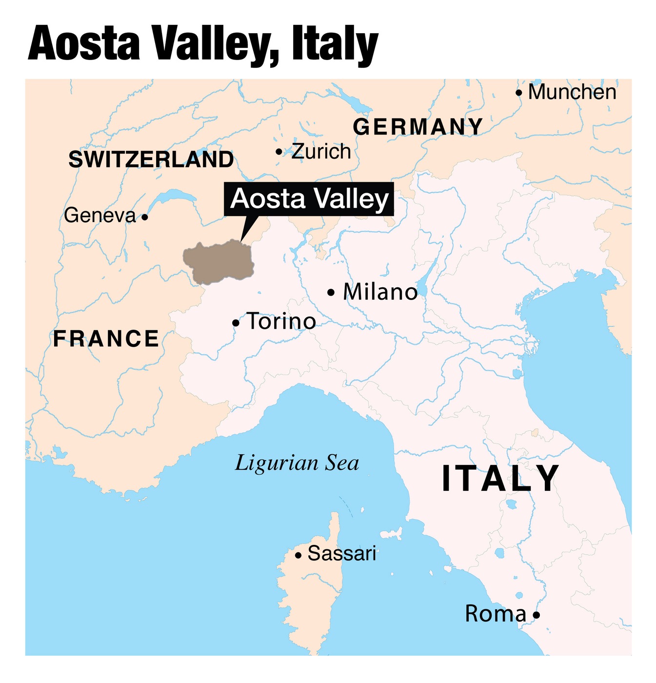 This map shows the location of Italy's Aosta Valley, where some of Liam Biran's belongings were found following his disappearance.