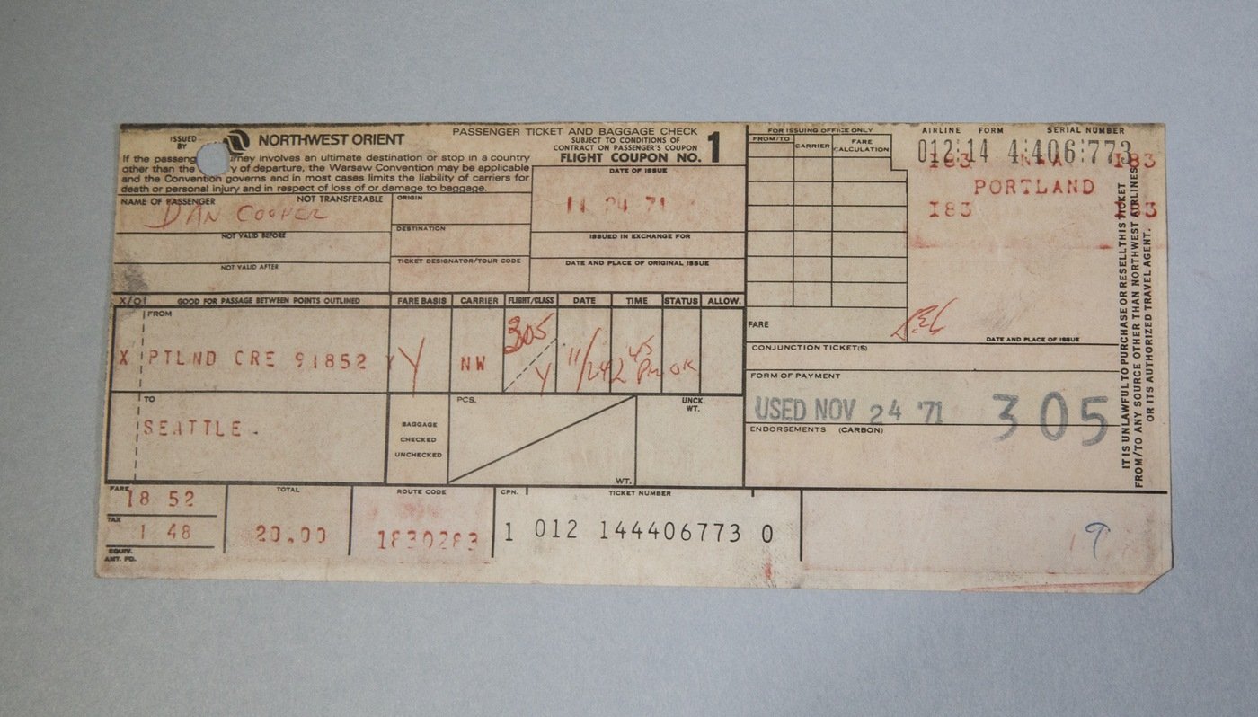 Photo of a plane ticket used by hijacker D.B. Cooper in 1971. Cooper was never found, and the hijacking is one of the oldest cold cases in FBI history.