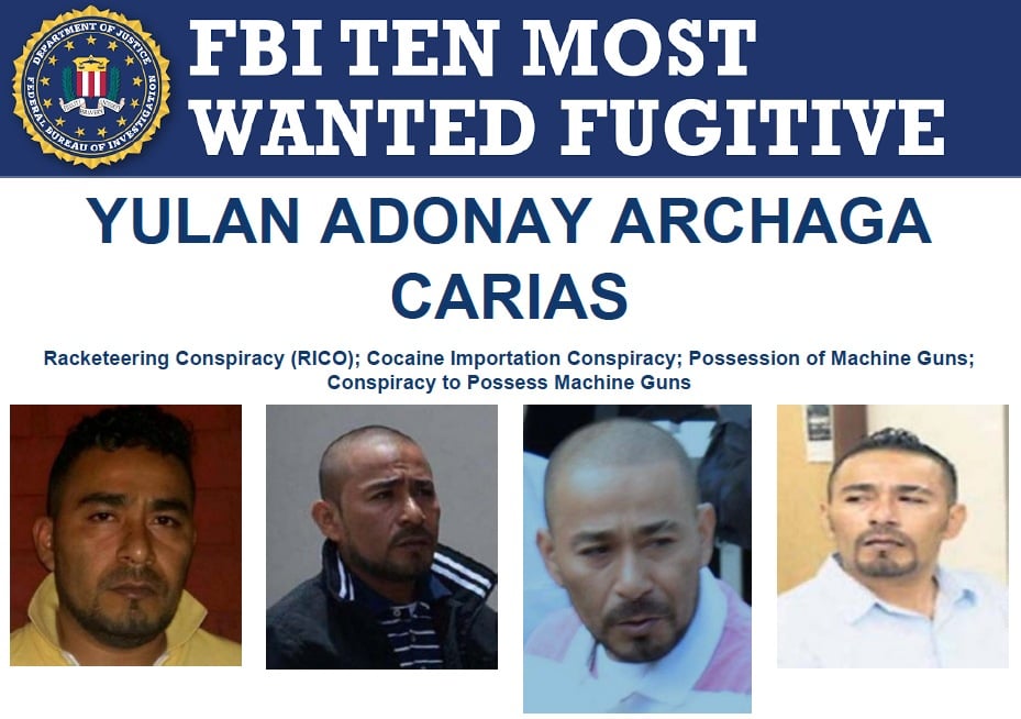 Screenshot of top portion of Yulan Adonay Archaga Carias' FBI Ten Most Wanted Fugitives poster.