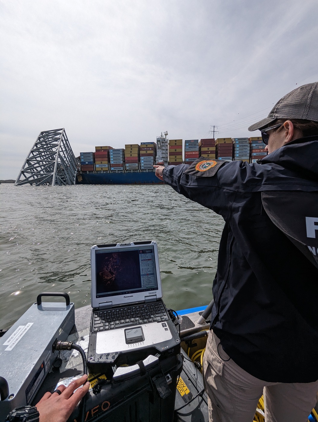 FBI ERT uses a sector scan sonar to locate vehicles underwater at the site of the Francis Scott Key Bridge collapse in Baltimore on March 26.