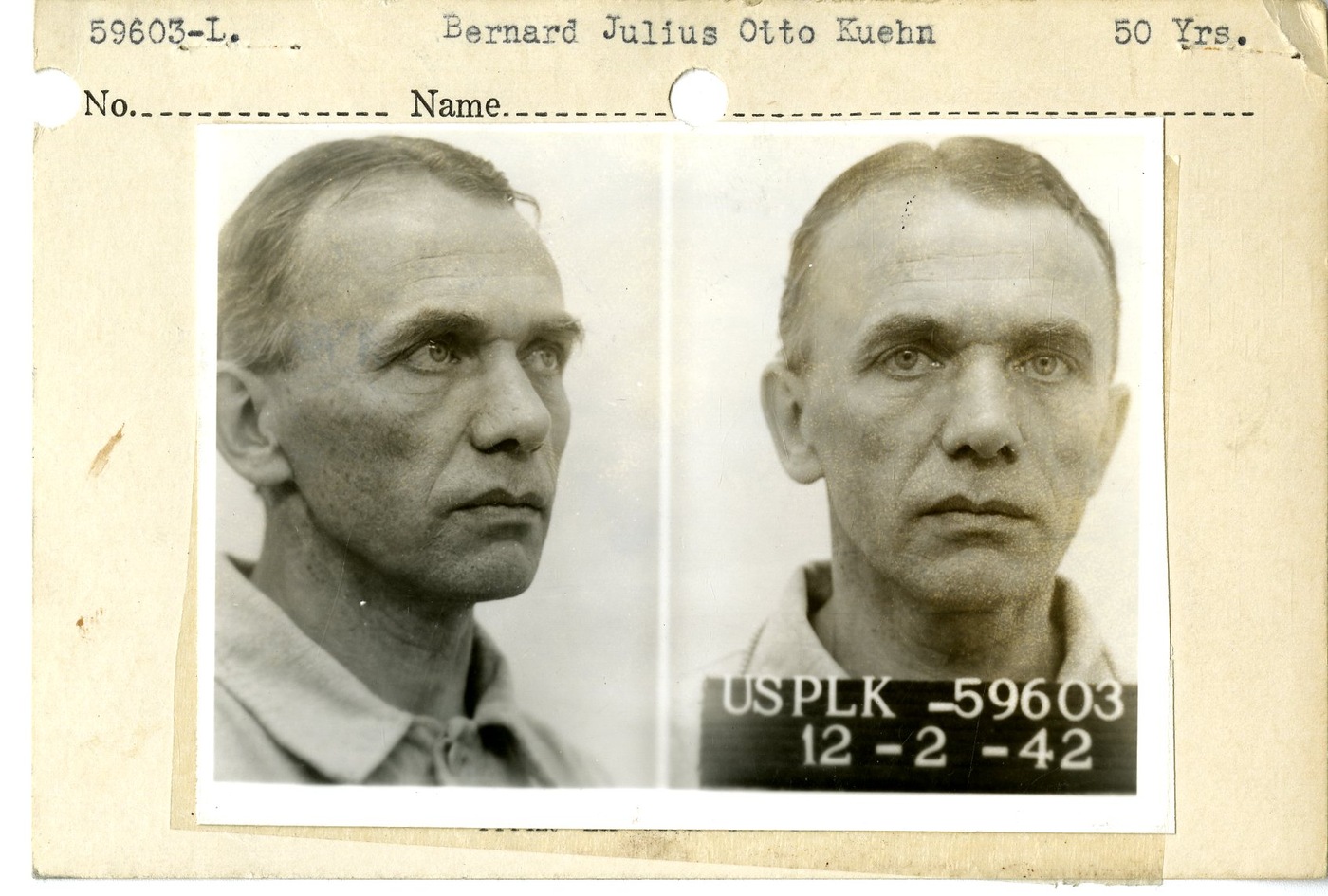 Mug shot of Bernard Julius Otto Kuehn in 1942. National Archives photograph.