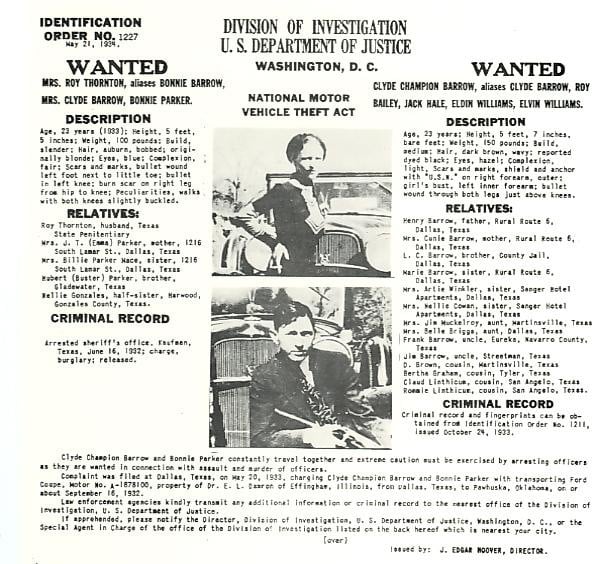 Identification Order No. 1227 for Bonnie Parker and Clyde Barrow, dated May 21, 1934.