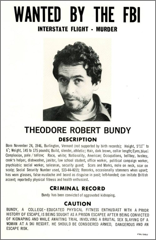 Wanted poster for serial killer Ted Bundy