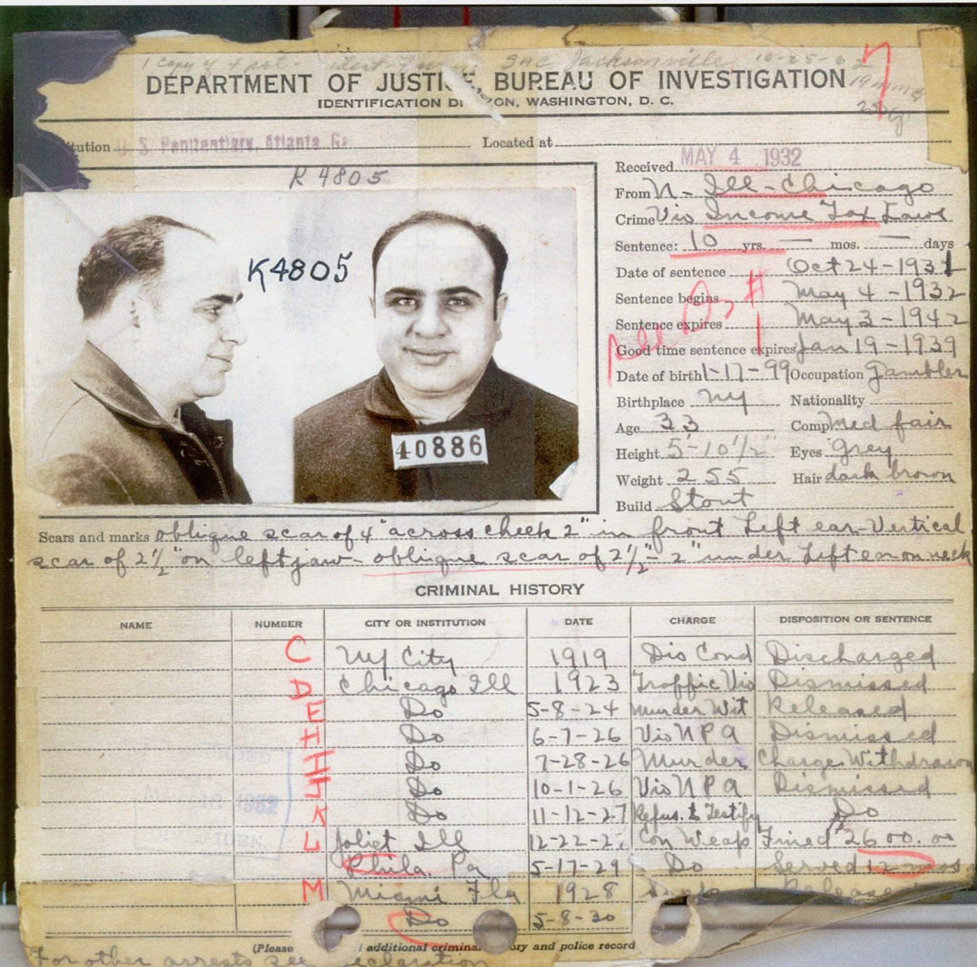 Arrest record for Al Capone dated May 4. 1932.