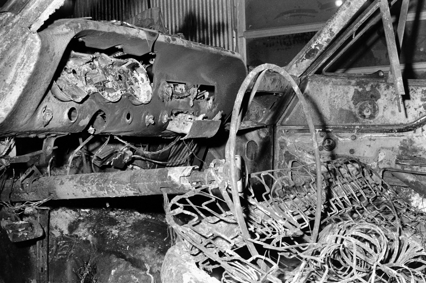 The burned interior of the station wagon that was discovered following the disappearance of activists Michael Schwerner, James Chaney, and Andrew Goodman in Mississippi in 1964.