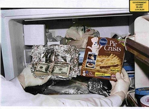 Part of the $90,000 found in then-Congressman William Jefferson’s freezer during a law enforcement search of his residence in Washington, D.C. in August 2005. A few days earlier, Jefferson was caught on camera taking $100,000 in cash from the FBI’s cooperating witness for use in paying off an African government official. This particular bundle of money was wrapped in aluminum foil and concealed inside the pie crust box at right. Jefferson was convicted in 2009 and sentenced to 13 years in prison for bribery and other charges.