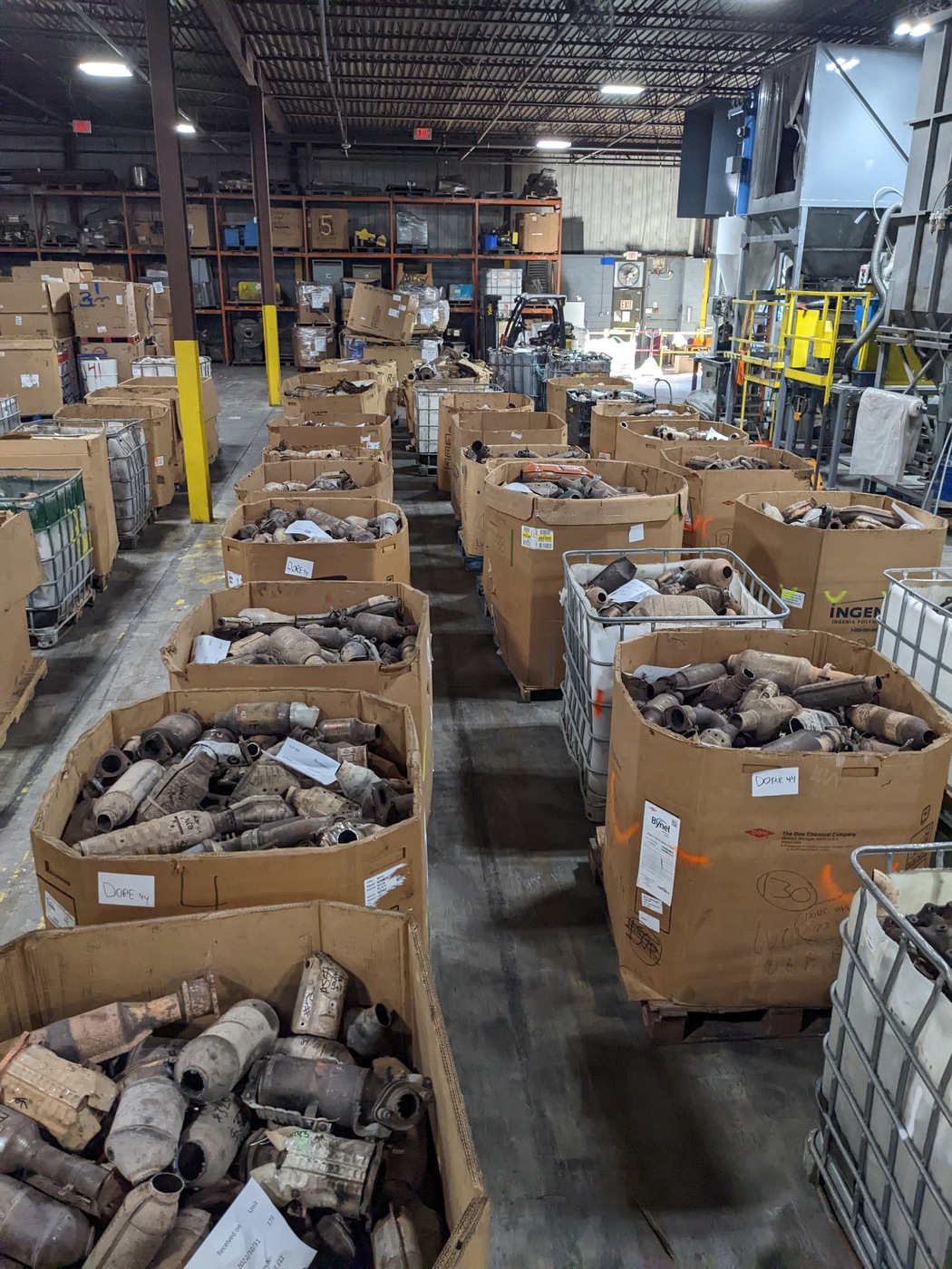 As part of a nationwide takedown, FBI agents collected thousands of catalytic converters from junk yards and cut them to make them appear stolen. They then offered them up for sale. At the time of the takedown, seizures, and arrests, one suspect had amassed multiple pallets of catalytic converters (pictured), which were first shipped to a refinery and eventually overseas for recycling purposes.