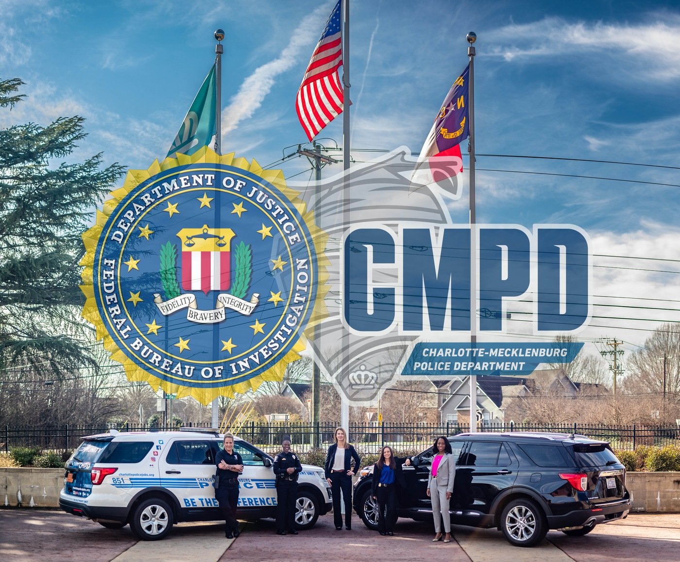 This graphic features the branding of the FBI and of the Charlotte-Mecklenburg Police Department superimposed onto a photo of five female law enforcement officers standing in front of a CMPD vehicle and a black SUV. A fence and three flags are shown in the background.