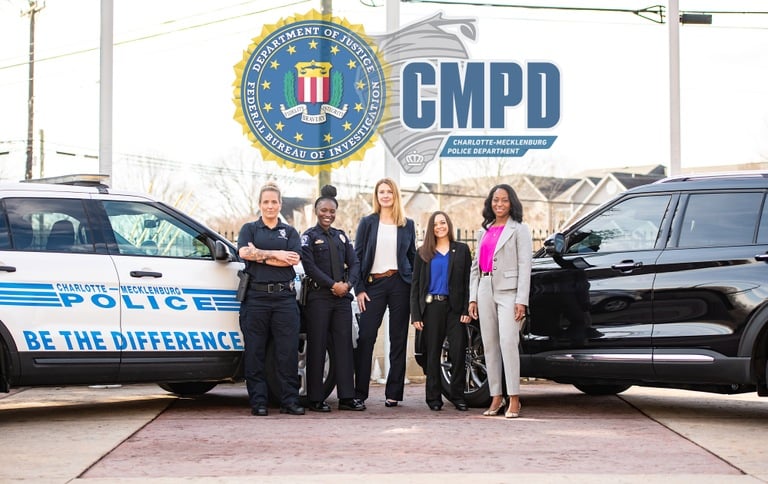 This graphic features the branding of the FBI and of the Charlotte-Mecklenburg Police Department superimposed onto a photo of five female law enforcement officers standing in front of a CMPD vehicle and a black SUV.