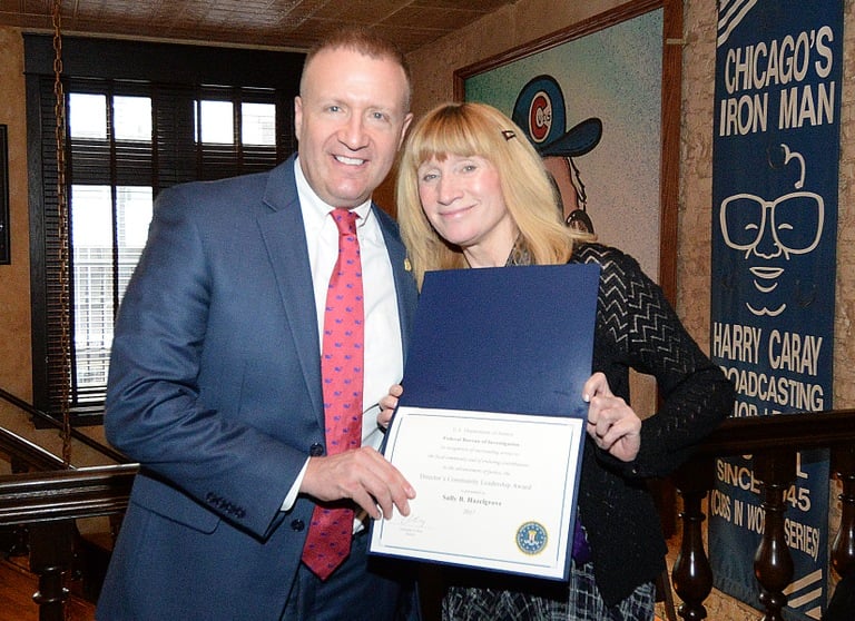 The FBI Chicago Field Office presented Sally B. Hazelgrove with the 2017 FBI’s Director’s Community Leadership Award (DCLA).