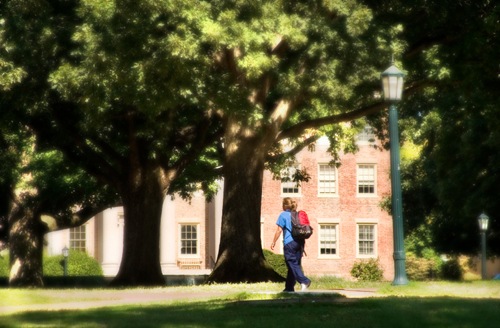 Student walking in the shade at school. Stock image.