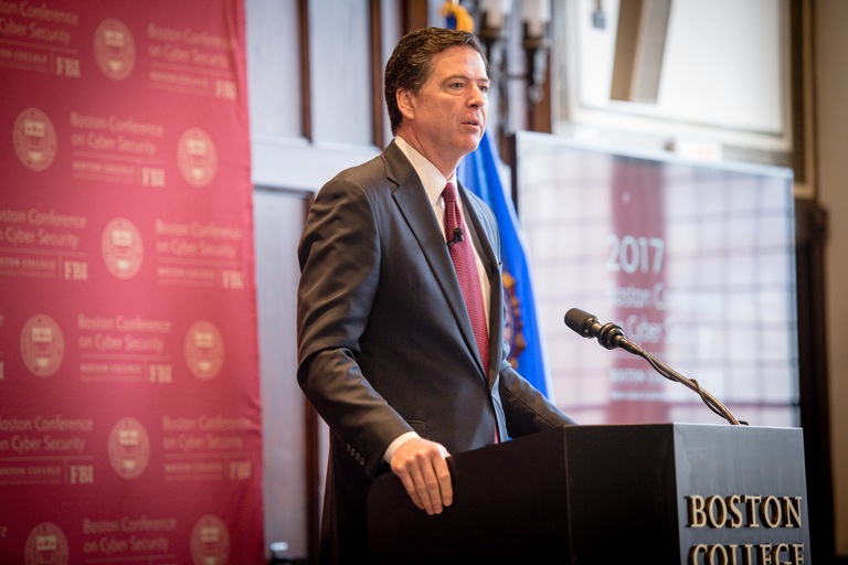 FBI Director James Comey delivers the keynote address at the Boston Conference on Cyber Security, held at Boston College on March 8, 2017.