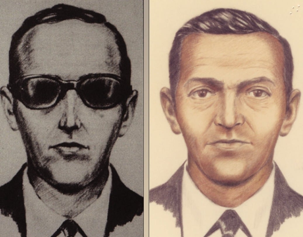 FBI artist rendering of so-called D.B. Cooper, who hijacked Northwest Orient Flight 305 out of Portland (Oregon), demanded and received ransom money upon landing in Seattle, then parachuted into the woods and was never found again.