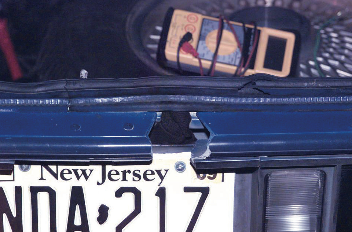 Evidence from the D.C. Beltway sniper case, where John Allen Muhammed and Lee Boyd Malvo used a hole in the trunk of their Chevy Caprice to shoot victims in October 2002.