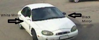 Vehicle used by the suspect in the robbery of the TCF Bank branch located at 17535 12 Mile Road in Lathrup Village, Michigan on October 6, 2014. The suspect fled the scene in an older model, white Ford Taurus or Mercury Sable that had front-end damage, a dark driver-side mirror, and a white passenger-side mirror.
