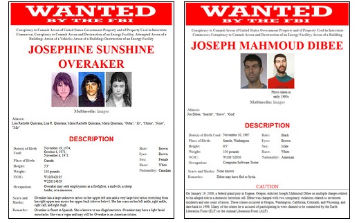 Joseph Dibee and Josephine Overaker are wanted for their alleged role in a domestic terrorism cell. Many of the crimes they are accused of participating in were claimed to be committed by the Earth Liberation Front (ELF) or the Animal Liberation Front (ALF).