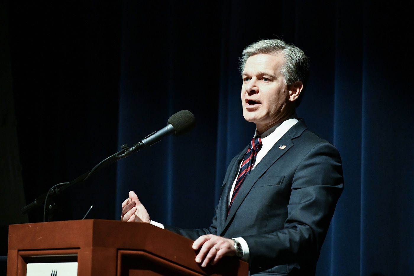 FBI Director Christopher Wray addresses the 2023 Homeland Security Symposium and Expo at Christopher Newport University in Newport News, Virginia, on February 16, 2023.
