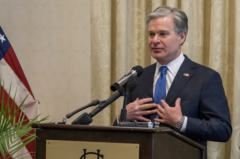 FBI Director Christopher Wray addresses the American Bar Association's Standing Committee on Law and National Security on April 9, 2024, in Washington, D.C.