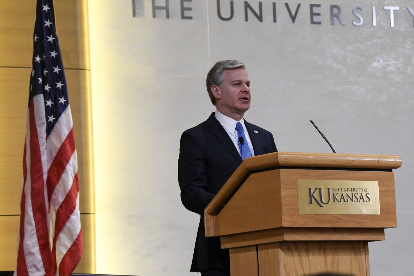 FBI Director Christopher Wray delivers remarks at the FBI and University of Kansas Cybersecurity Conference on April 4, 2024, in Lawrence, Kansas.