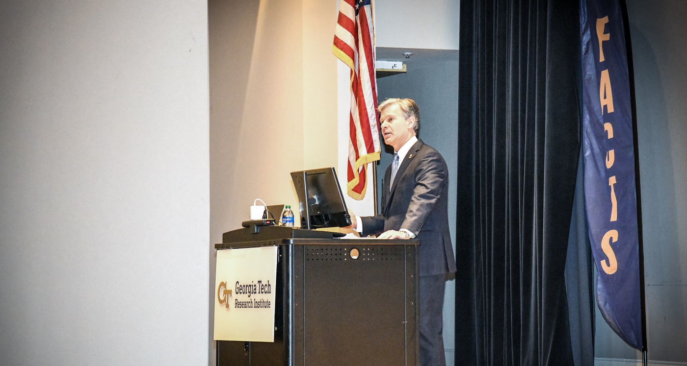 FBI Director Christopher Wray addresses the 2023 FBI Atlanta Cyber Threat Summit in Atlanta, Georgia, on July 26, 2023.