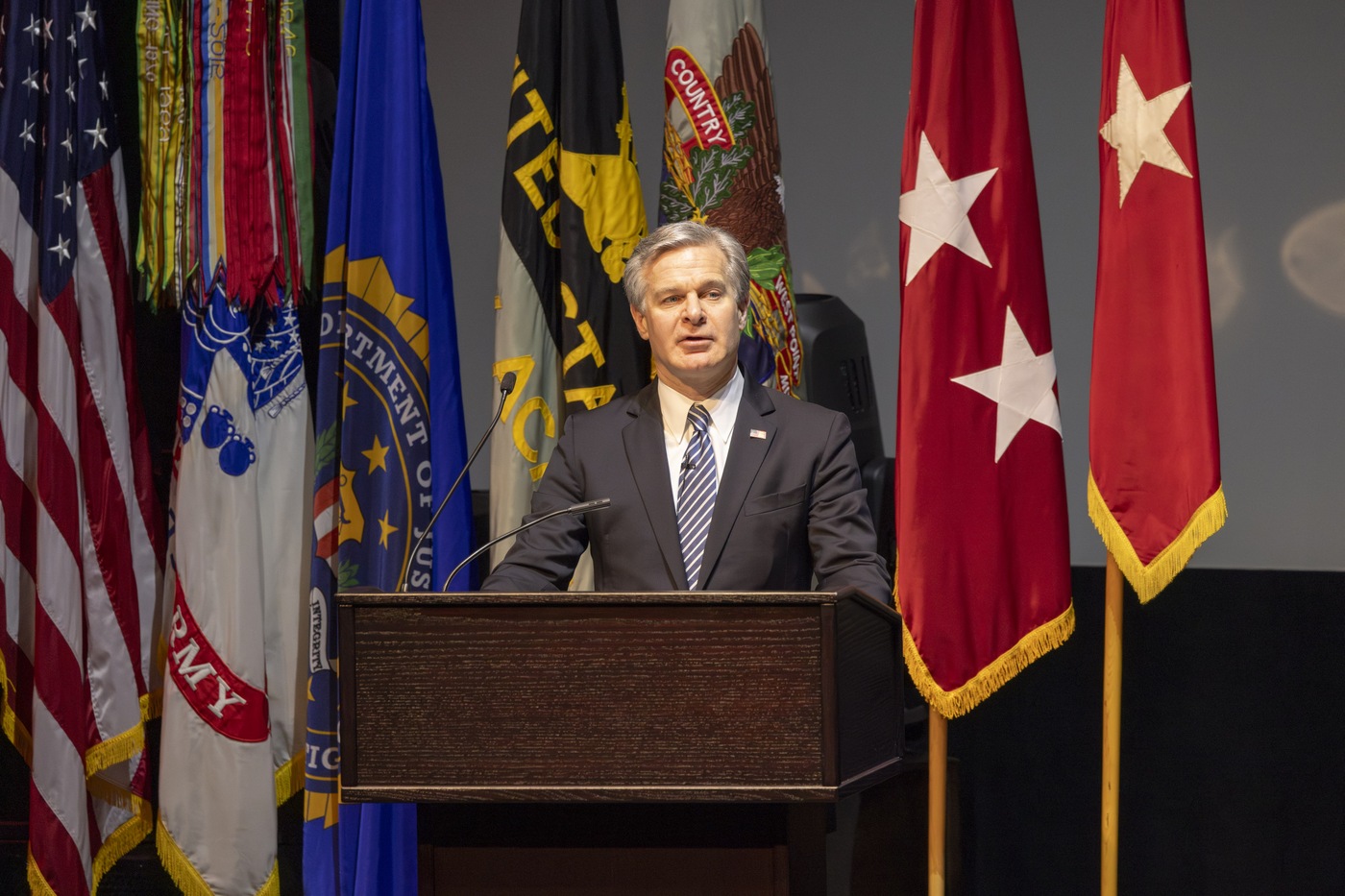 FBI Director Christopher Wray addresses cadets at the U.S. Military Academy at West Point during a Commandant's Hour lecture on March 4, 2024. U.S. Army photo by Christopher Hennen/USMA Public Affairs Office.