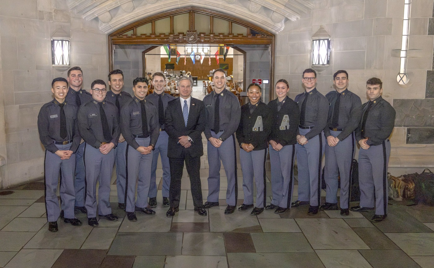 FBI Director Christopher Wray (center) poses for a photo with cadets from the U.S. Military Academy at West Point during a visit to the school on March 4, 2024. U.S. Army photo by Christopher Hennen/USMA Public Affairs Office.