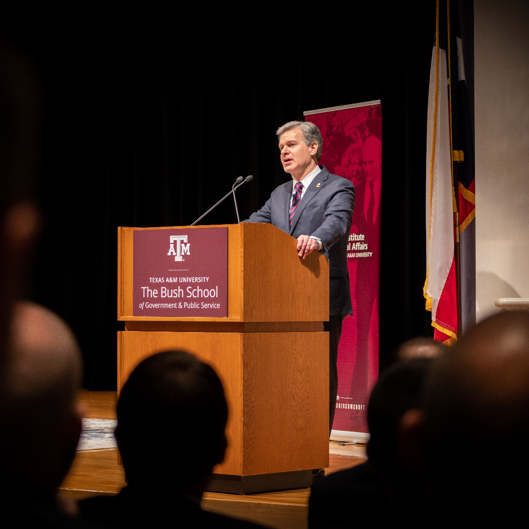 FBI Director Christopher Wray delivers remarks at Texas A&M University's Bush School of Government & Public Service in College Station, Texas, on April 5, 2023.