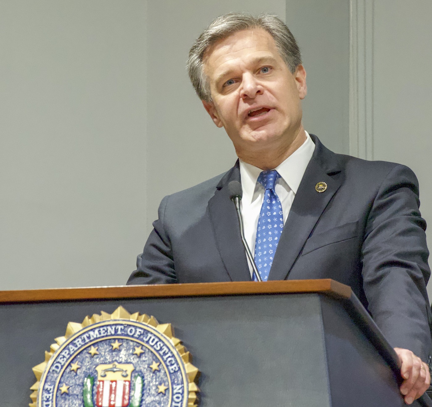 FBI Director Christopher Wray addresses the audience at the 2018 Director's Community Leadership Awards ceremony at FBI Headquarters on May 3, 2019.