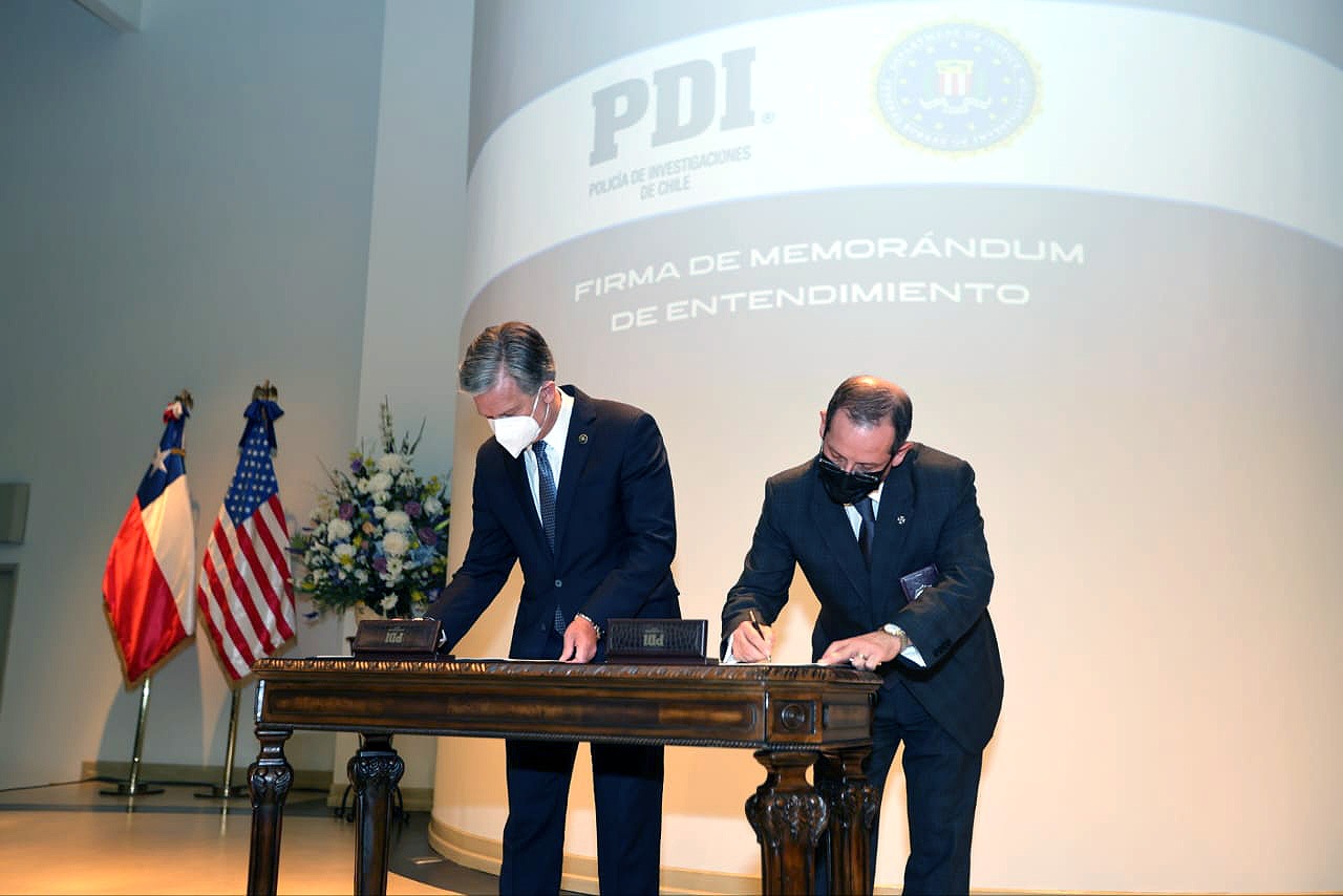 During a visit to Chile, FBI Director Wray and Investigations Police of Chile (PDI) Director General Sergio Munoz Yanez sign a Memorandum of Understanding that formalizes the long-standing partnership between the FBI and PDI.