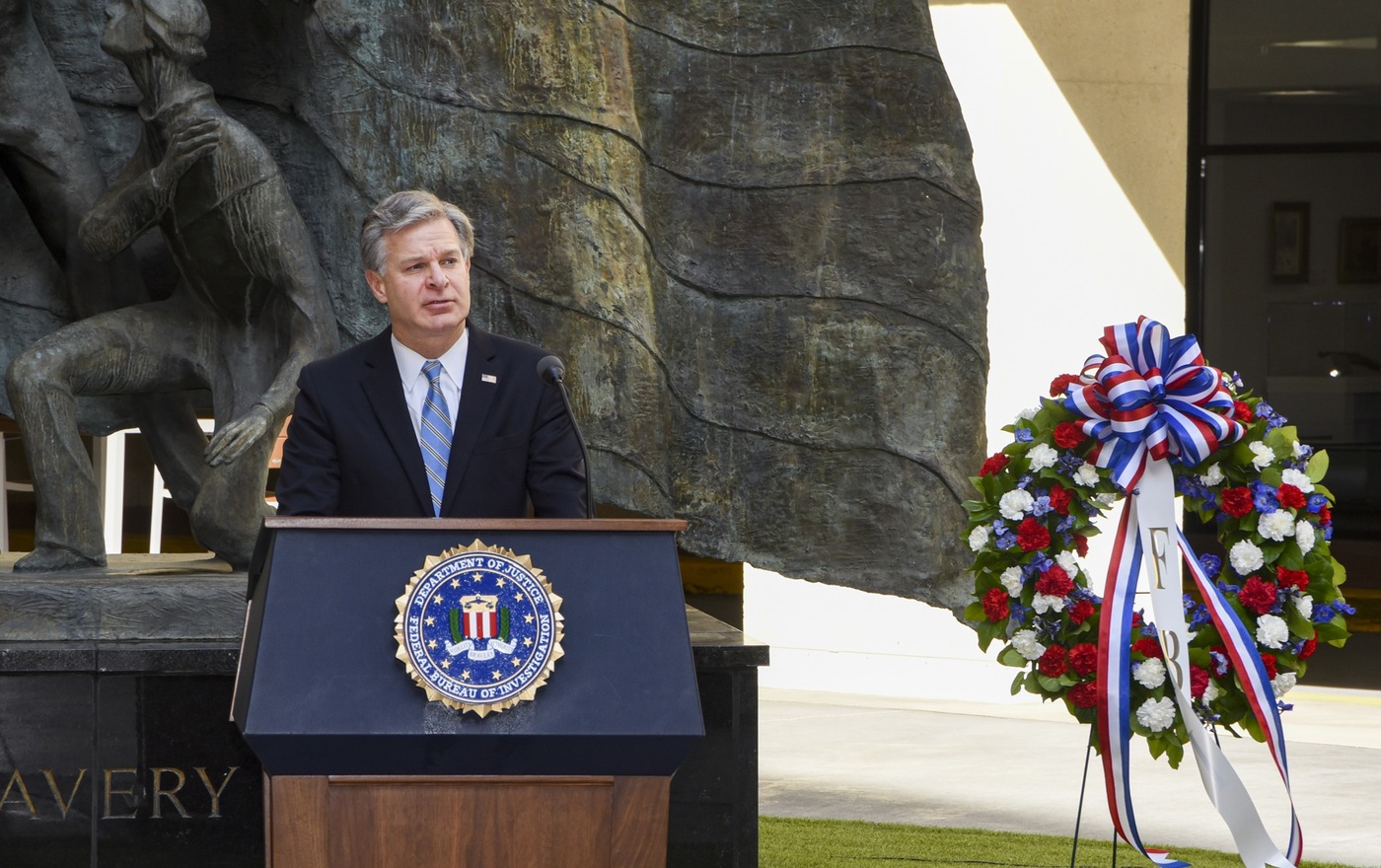 FBI Director Christopher Wray participates in a memorial service during Police Week 2021 at FBI Headquarters to honor FBI employees who have given their lives in the line of duty.