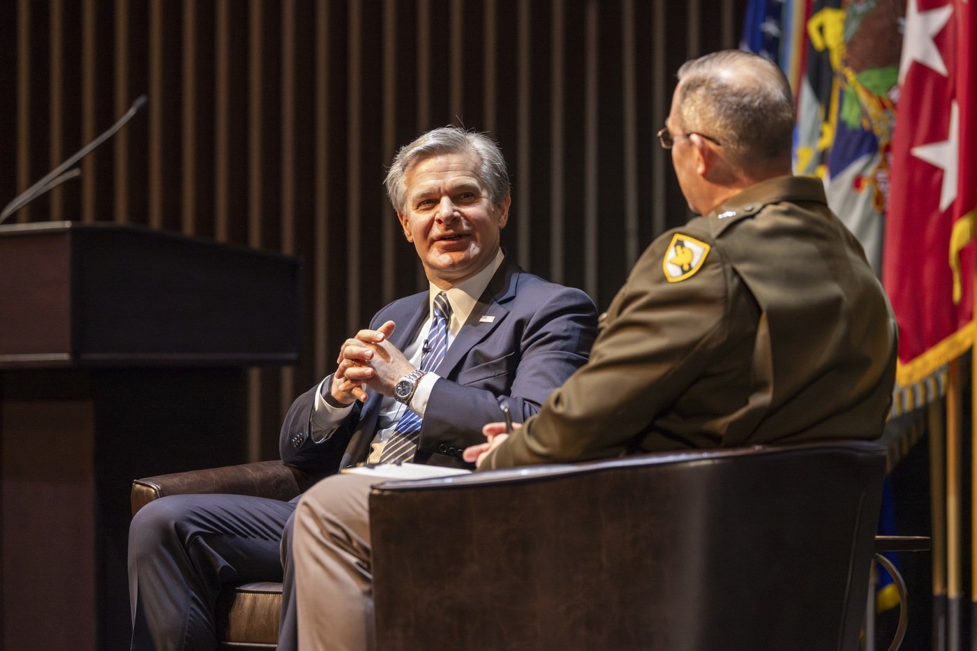 FBI Director Christopher Wray (left) speaks with U.S. Military Academy Superintendent Army Lt. Gen. Steve Gilland following his Commandant's Hour lecture at West Point on March 4, 2024.  U.S. Army photo by Christopher Hennen/USMA Public Affairs Office.