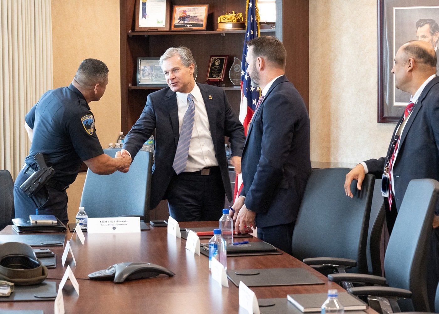 FBI Director Christopher Wray met with state, local, and federal law enforcement personnel during his August 8, 2023, visit to the FBI Springfield Field Office.