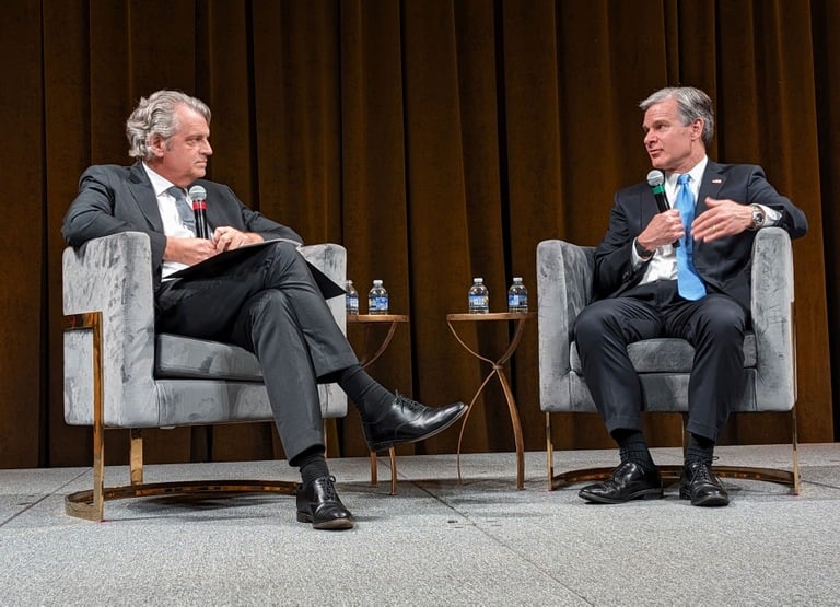 Director Wray and Vanderbilt University Chancellor Daniel Diermeier during the Vanderbilt Summit on Modern Conflict and Emerging Threats in Nashville on April 18, 2024.
