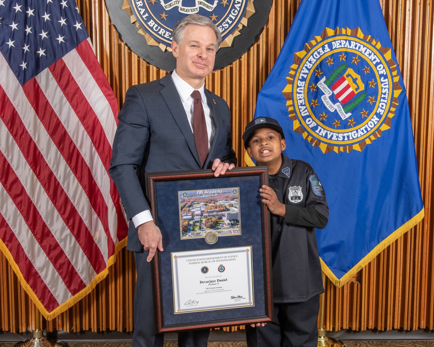 DJ Daniel, 11,  was sworn in as an honorary FBI special agent by FBI Director Christopher Wray.