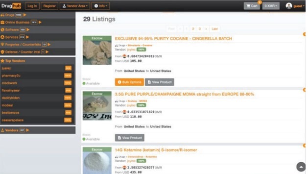 An example of vendor JoyInc on the Drughub marketplace selling ketamine, MDMA, and bulk options of cocaine on September 4, 2024, is depicted.